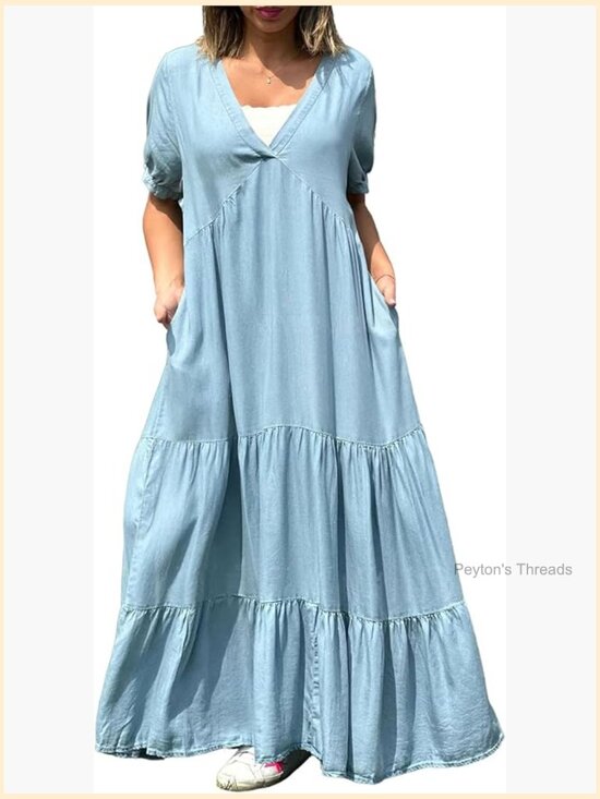 Dresses & Skirts - Boho Tiered Maxi Denim Dress with Pockets